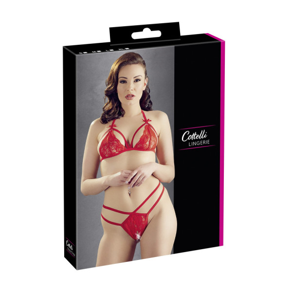 Soutien-gorge en dentelle rouge avec bonnets détachables et string 
